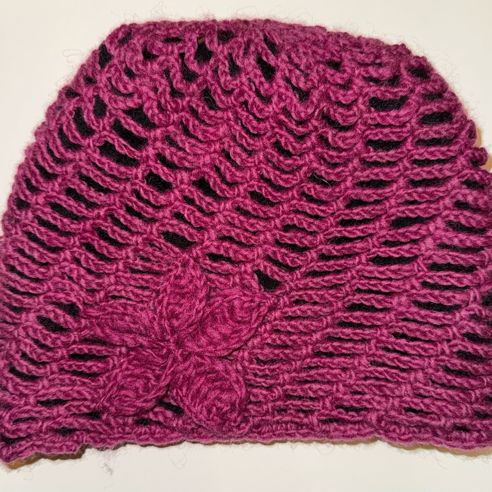 Pink Magenta 100% Wool Chunky Knit Crochet Beanie with Charming Flower Accent